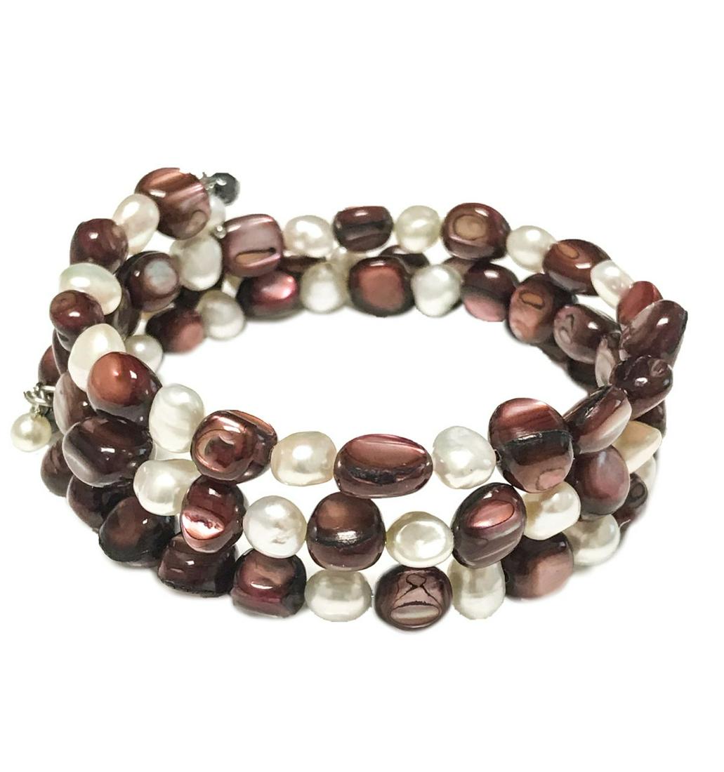Triple Row Pearl & Shell Coil Bangle Bracelet (1 of 1)
