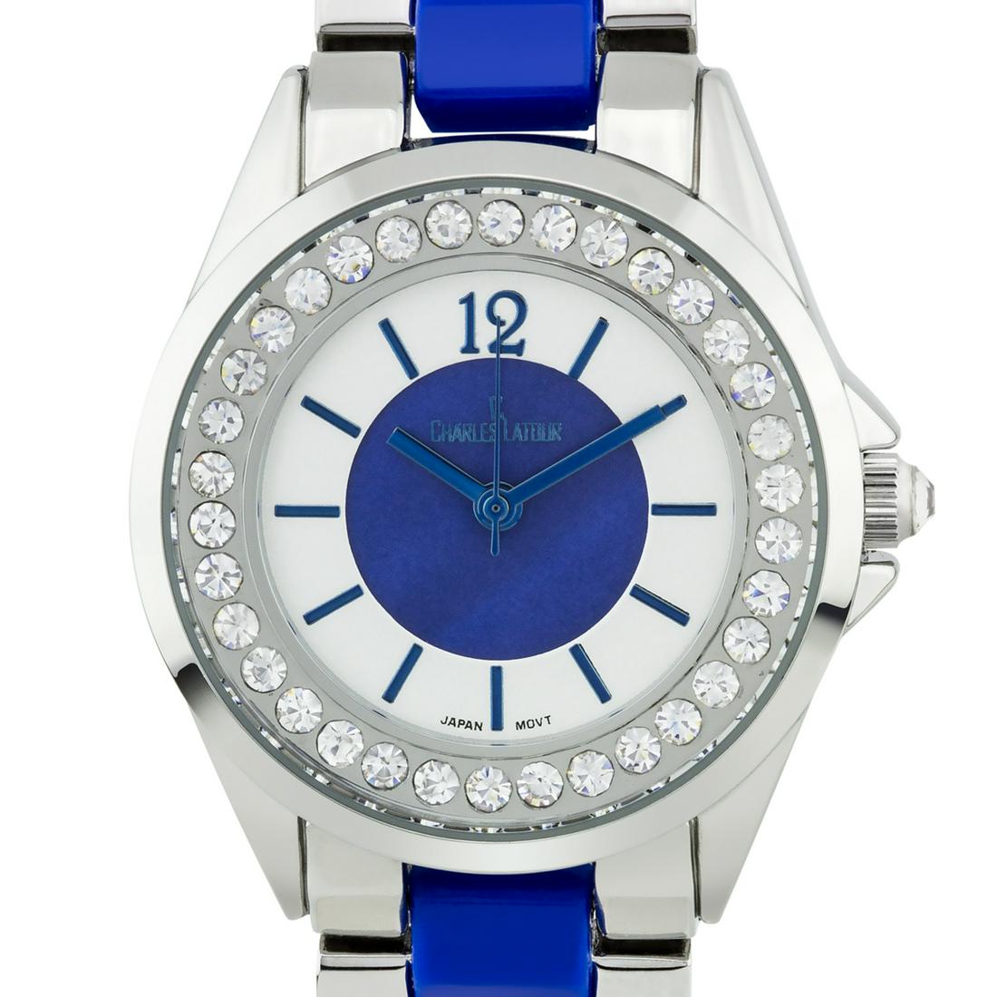 Pearlized Dial Core with Crystal Bezel Ladies Watch: The Charles Latour has a sleek 34mm case with stunning Czech crystals surround the outer chapter ring. A mirror finish arabic numeral at 12, and a pearlized dial core compliment the variaty of colors 