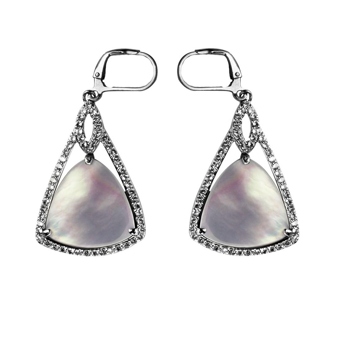 Silver White MOP & Zircon Doublet Drop Earrings: • Genuine white mother of pearl & white zircon • Measurement: 51mm L x 21mm W x 3mm H • Comfortable omega back • Gleaming rhodium over fine sterling silver • Disclaimer: