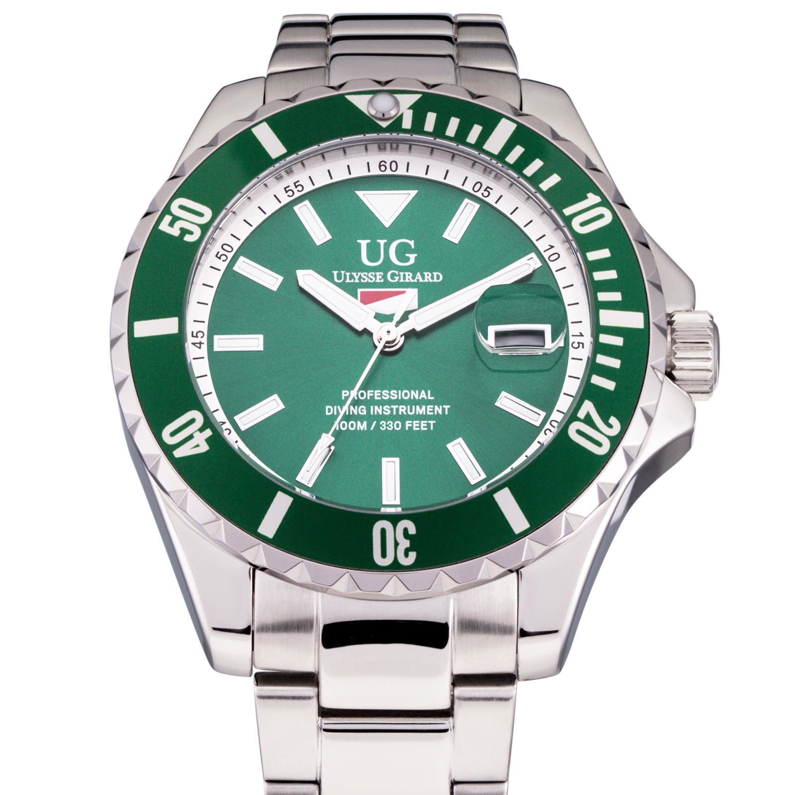 Ulysse Girard Mens Sport Diver Watch: Colored Sunray Brushed Dial with large Luminous Rectangular Indicies at the Hour marks, Miyota 2315 Movement with Easy to Read Luminous Hour and Minute hands with Contrasting Colored Second Hand, Stai
