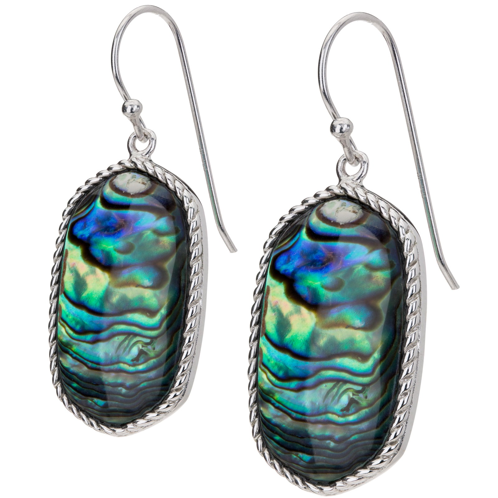 Sterling Silver Freeform Abalone Drop Earrings: Each earring in the pair showcases one freeform shaped genuine Abalone Shell cabochon on the dangling drop. Crafted in 925 Sterling Silver with a rhodium anti-tarnishing plate. A subtle rope texture w
