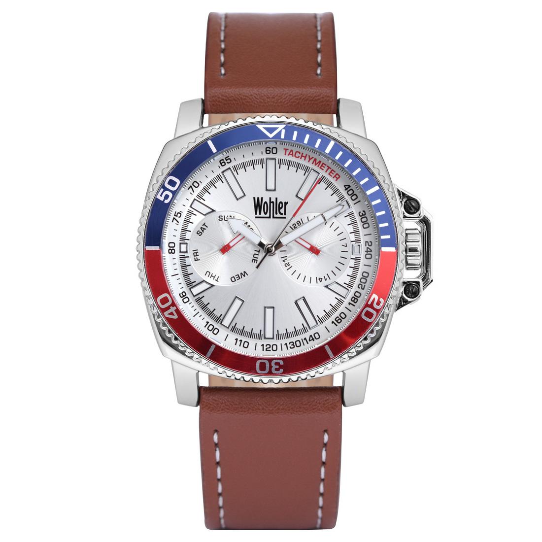 Wohler Tribecca Multi-Function Men's Watch: Wohler Men's Watch, Brown Leathe Strap,Multi-Function Silver Dial, Red And Blue Case