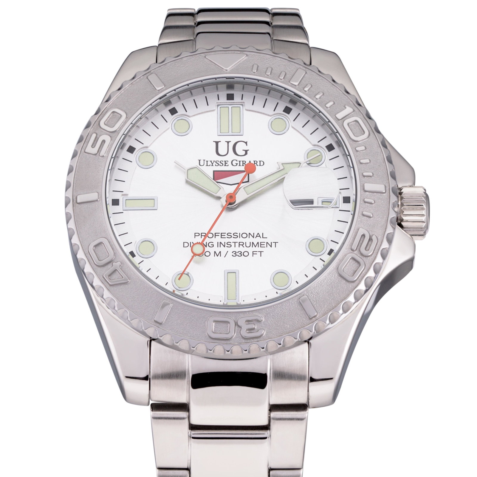 Ulysse Girard Mens - Stainless Steel Sport Diver: Colored Sunray Brushed Dial with large Luminous Rectangular Indicies at the Quarter hours and Round Indicies elsewhere. Miyota 2115 Movement with Easy to Read Luminous Hour and Minute hands with Contr