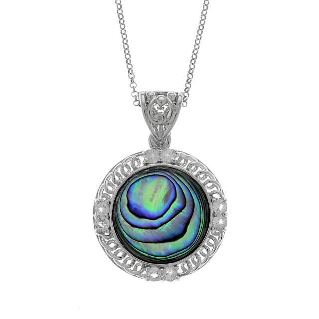 Sterling Silver Abalone & White Topaz Pendant: Pangea Mines takes inspiration from the sea to style this lovely pendant necklace from the Lagoon Collection. Ever-changing iridescent abalone shell is surrounded by a border of sparkling white topaz 