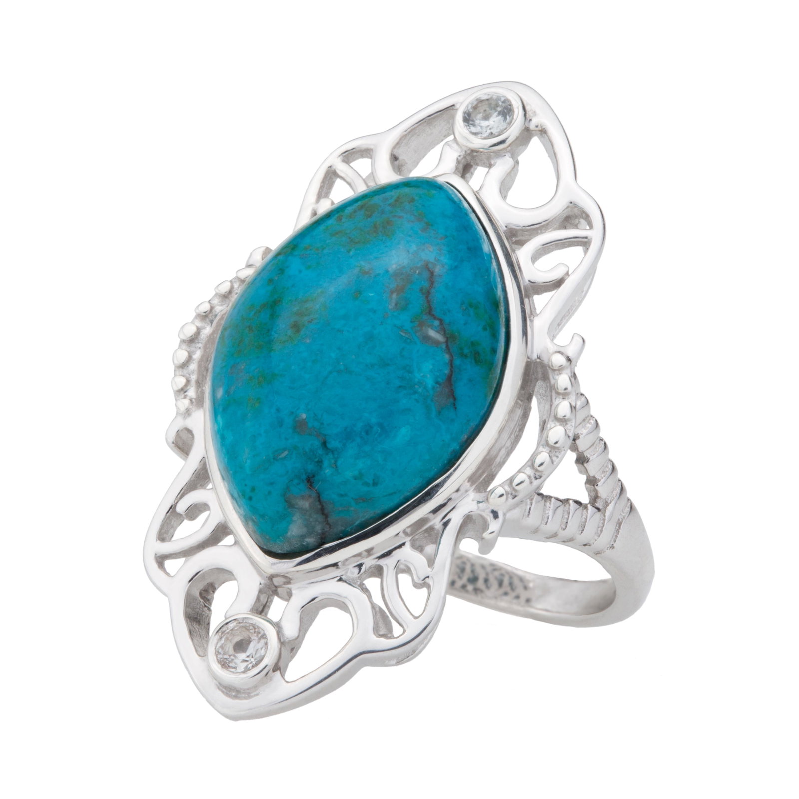 Silver Marquise Chrysocolla & Topaz Ring-SZ 9: Sterling Silver Ornate filigree surrounds one large marquise shaped swirling green chrysocolla cabochon at the center of the ring. White zircon studs punctuate the north and south poles of the setting