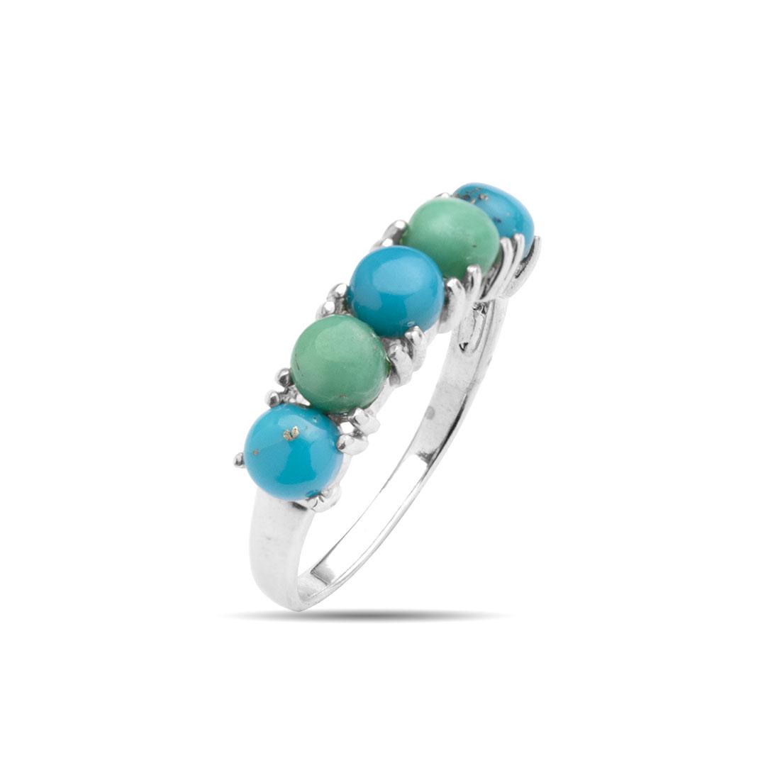 Silver Campo Frio Turquoise 5-Stone Band Ring-SZ 9: Campo Frio Turquoise Stabilized Blue Campo Frio Turquoise: Two round 5mm cabochons Stabilized Teal Campo Frio Turquoise: Three round 5mm cabochons Ring Details Metal: Rhodium over sterling silver Sett