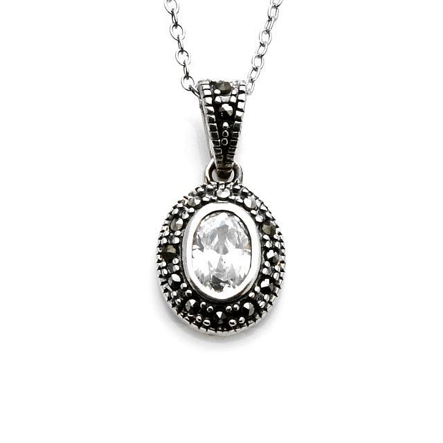 Sterling Silver Oval Marcasite & CZ Pendant: • Genuine marcasite • Setting: Prong/ Adhesive • Measurement: 22mm x 11mm x 3mm • 18 inch chain • Gleaming rhodium over fine sterling silver • Disclaimer: Gemstones