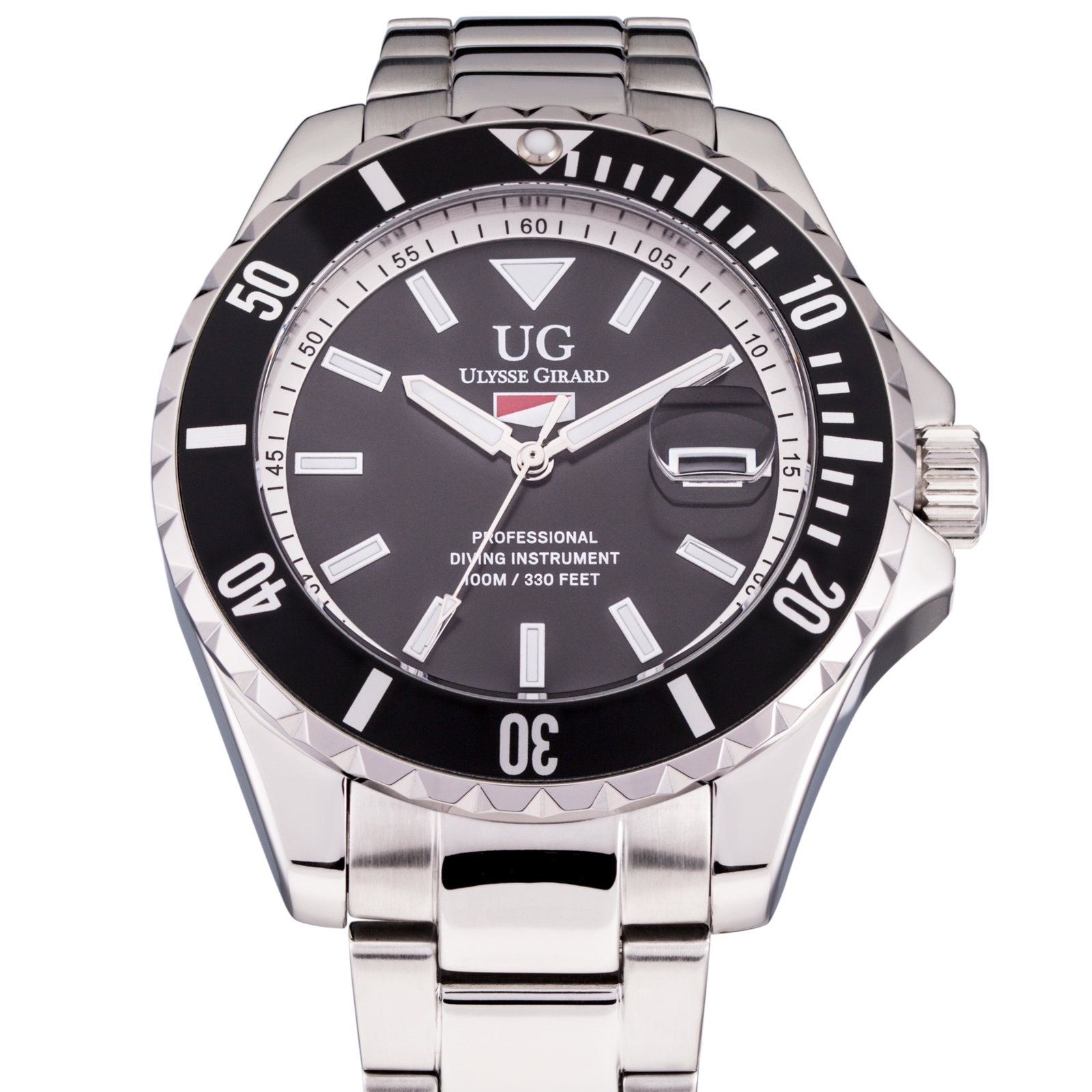 Ulysse Girard Mens Sport Diver Watch Black Analog: Colored Sunray Brushed Dial with large Luminous Rectangular Indicies at the Hour marks, Miyota 2315 Movement with Easy to Read Luminous Hour and Minute hands with Contrasting Colored Second Hand, Stai