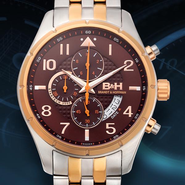 Brandt & Hoffman Swiss Chronograph Mens Watch: Brandt & Hoffman Sagan Chronograph Men's Watch - Brown Dial, Gold Tone Case, Silver & Gold Tone Bracelet chronograph Genuine Swiss Movement Stainless Steel Case Stainless Steel Bracelet Surgical Grade