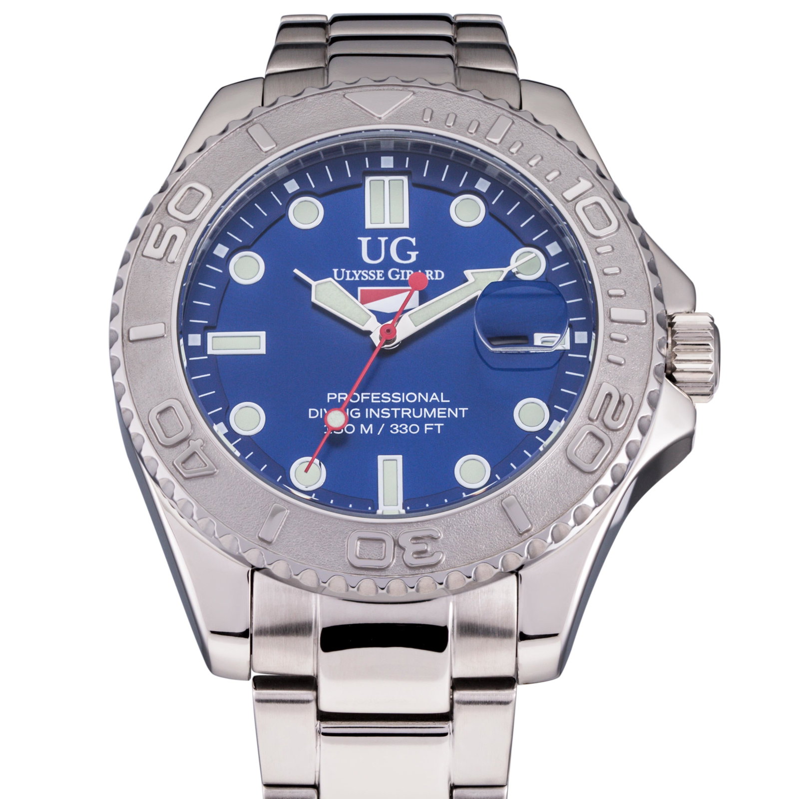 Ulysse Girard Mens - Stainless Steel Sport Diver: Colored Sunray Brushed Dial with large Luminous Rectangular Indicies at the Quarter hours and Round Indicies elsewhere. Miyota 2115 Movement with Easy to Read Luminous Hour and Minute hands with Contr