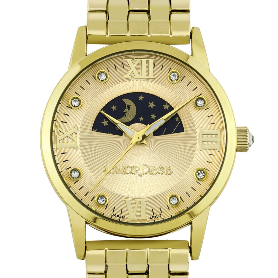 Luxury Moon Phase Dial Ladies Watch: Ion Plated Metal BraceletStainless Steel BackStainless Steel Fold Over ClaspMulti Textured Moon Phase DialStainless Steel Push/Pull Crown with Czech Crysta