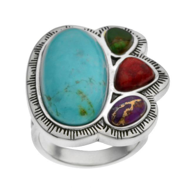 Silver Multi Turquoise & Coral Textured Ring-SZ 9 (1 of 1)