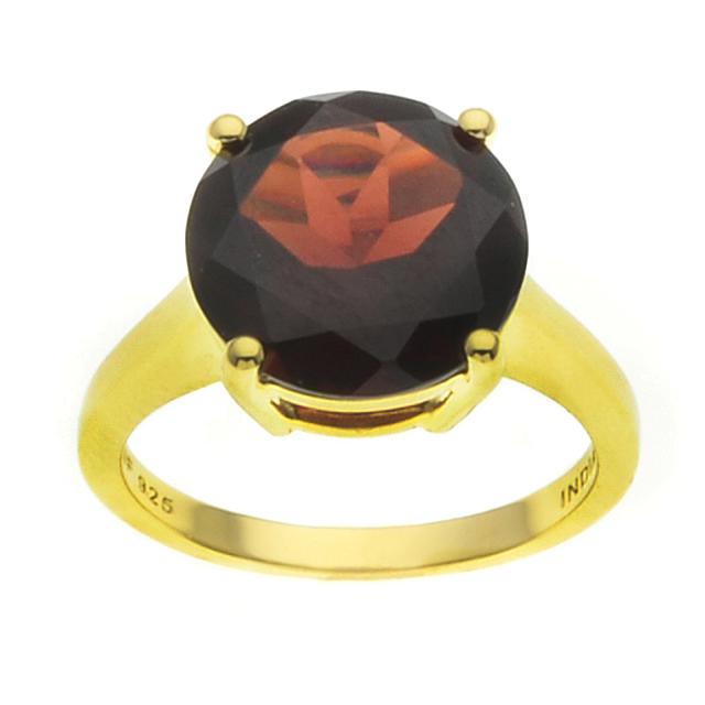 5.70ctw Mozambique Garnet Solitaire Ring-SZ 5: Metal: 14K yellow vermeil over sterling silver Stone Information: One round modified-brilliant cut 12mm Mozambique garnet Setting Type: Prong Approximate Total Weight: 5.70ct Measurements: 7/16"L x 7/