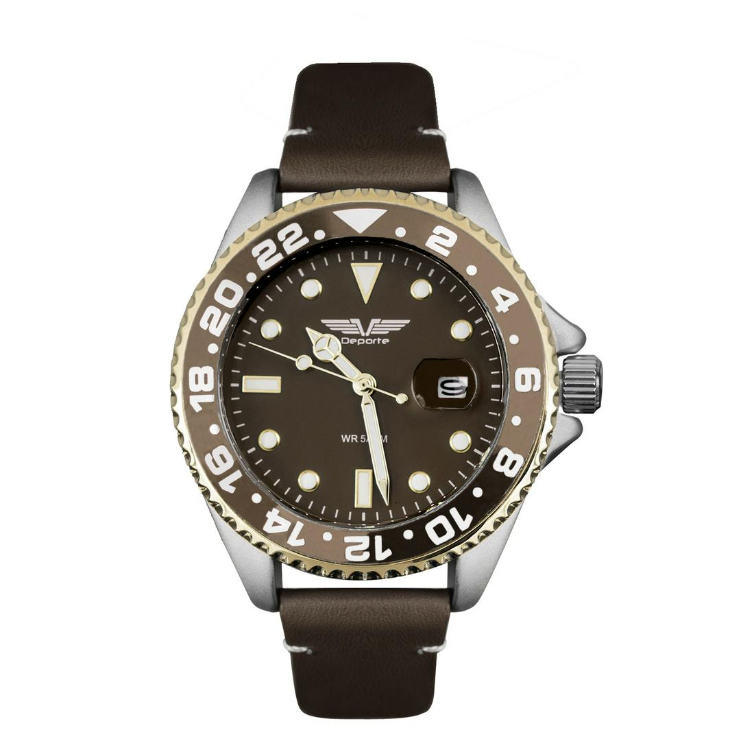 Deporte Pacific Men's Diver Style Watch: Deporte Pacific Men's Diver Style Watch, Copper Leather Strap, Copper Dial, Silver Case, Copper Bezel