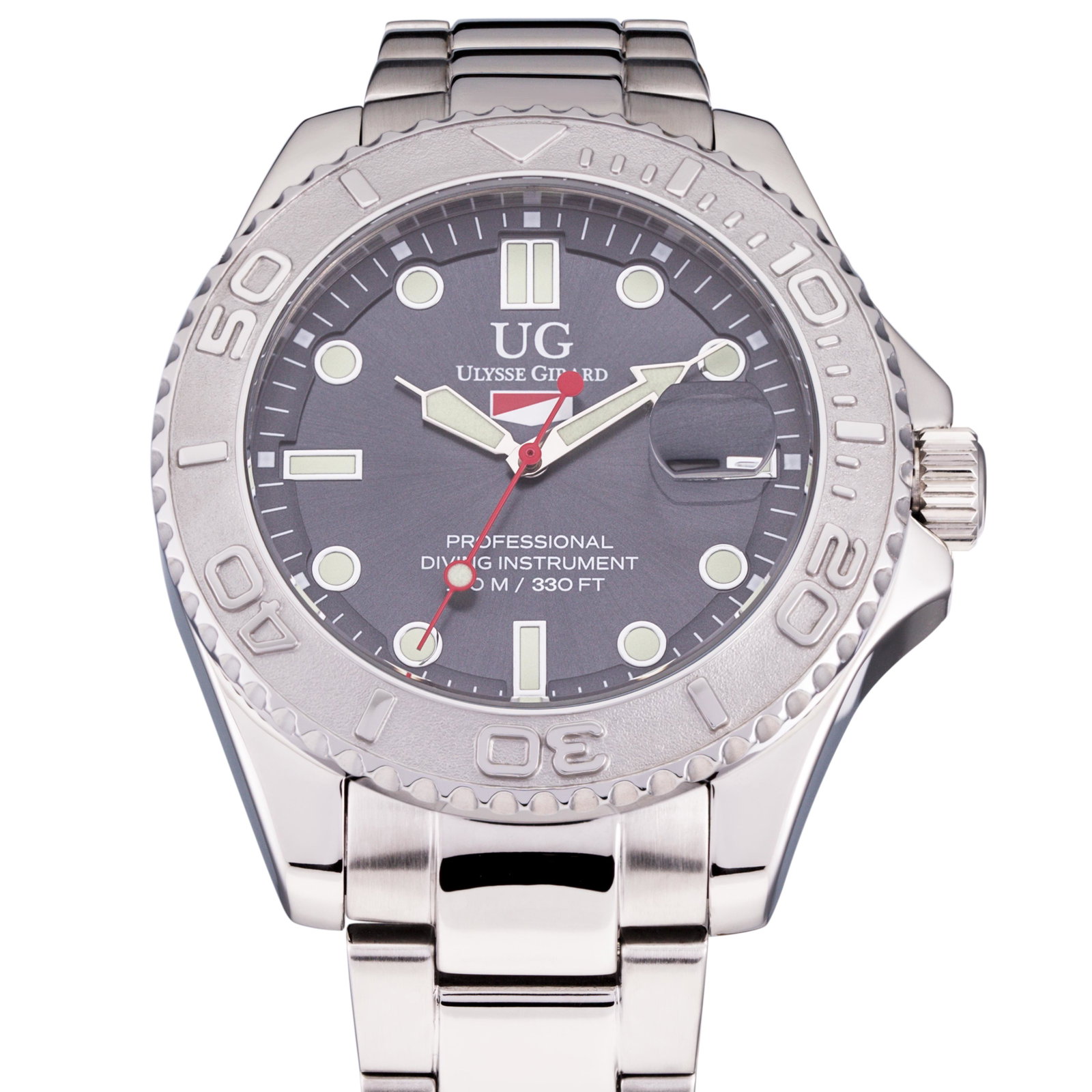 Ulysse Girard Mens - Sport Diver Watch. Gray Analog: Stainless Steel Case with built in Crown Protection, Screw off Case Back ,an Embossed Numeral Unidirectional Rotating bezel with Date Magnification Lens