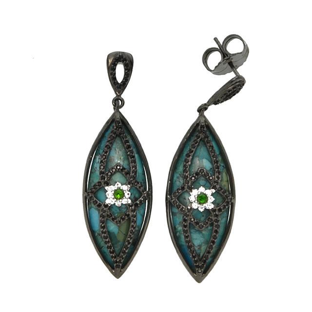 Sterling Silver Turquoise & Multi Gemstone Earring: Metal: Black rhodium over sterling silver Stone Information: Compressed Turquoise: Two marquise shaped 35 x 15mm cabochons Chrome Diopside: Two round modified-brilliant cut 2.5mm White Zircon: 16 roun
