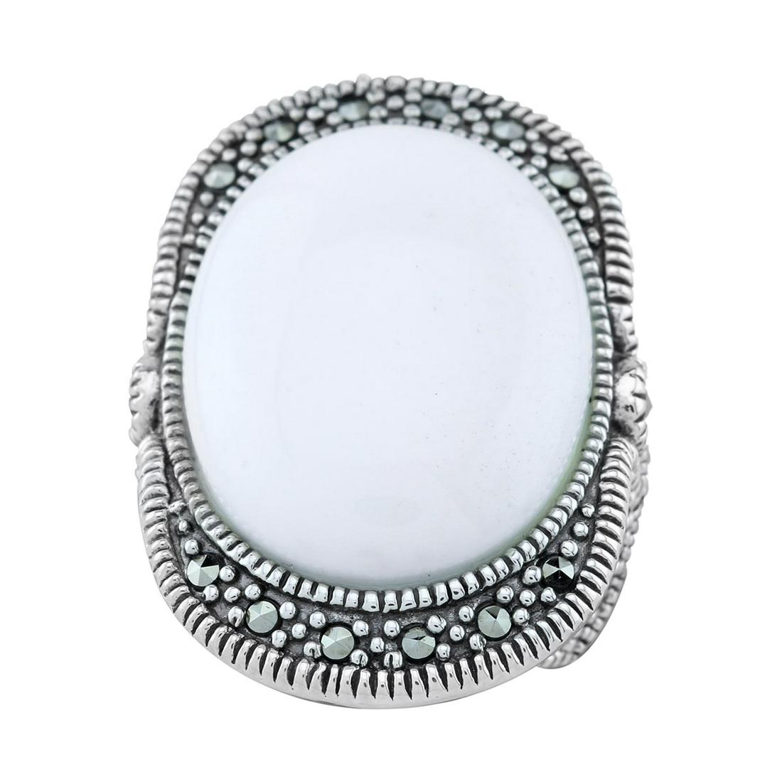 Sterling Silver Oval Agate & Marcasite Ring-SZ 8: One genuine pristine White Agate gemstone cabochon sits in a north-south orientation at the center surrounded by smoldering grey marcasites that spill over onto the contoured sides of the setting. Rop
