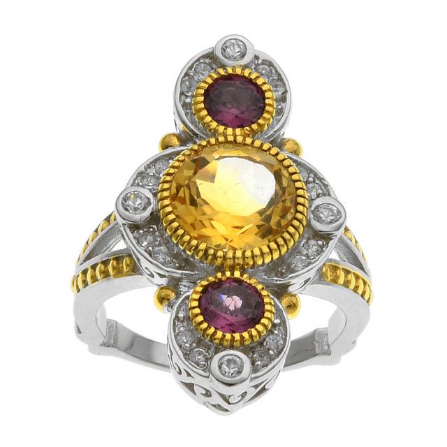 Silver 3.70ct Citrine & Garnet Elongated Ring-SZ 6: Metal: Rhodium over sterling silver with 14K yellow gold accents Stone Information: Citrine: One round modified-brilliant cut 9mm Rhodolite Garnet: Two round modified-brilliant cut 4.5mm White Zircon:
