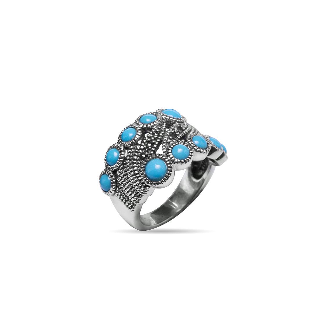 Sterling Silver Sleeping Beauty Turquoise Ring-SZ6: Metal: Polished and oxidized rhodium over sterling silver Stone Information: Blue Stabilized Sleeping Beauty Turquoise: Eight round 3mm cabochons and two round 4mm cabochons Grey Marcasite: Six round 