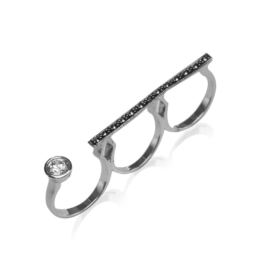 Silver Marcasite Three Finger Bar Ring-SZ 7 (1 of 1)