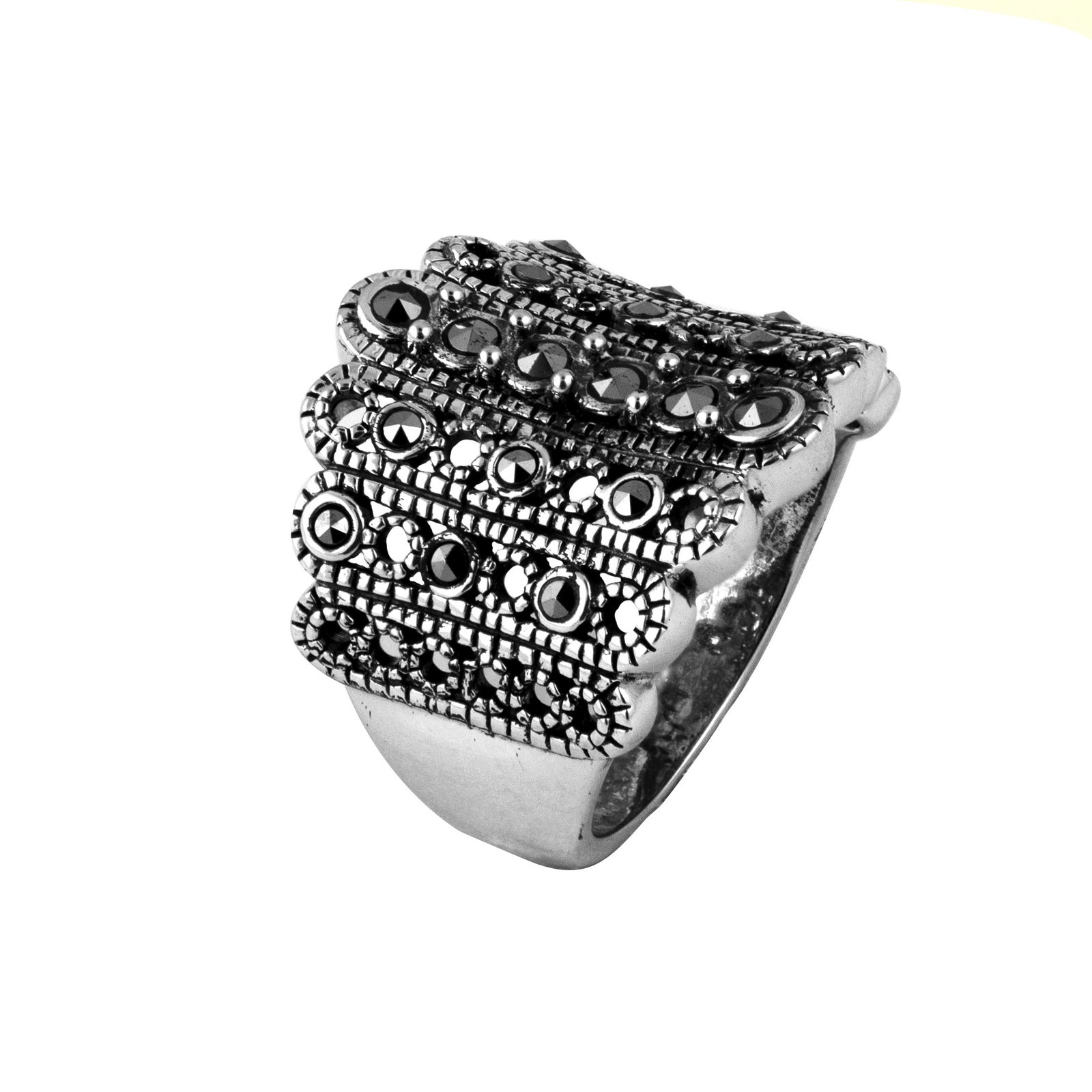 Sterling Silver Marcasite Beaded Ring-SZ 7: • Genuine marcasite • Beaded texture • Measurement: 29mm L x22mm W x 4mm H • Gleaming rhodium over fine sterling silver