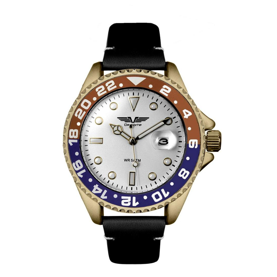 Deporte Pacific Mens Diver Style Watch with Leather: Deporte Pacific Men's Diver Style Watch, Black Leather Strap, White Dial, Gold Case, Red And Blue Bezel