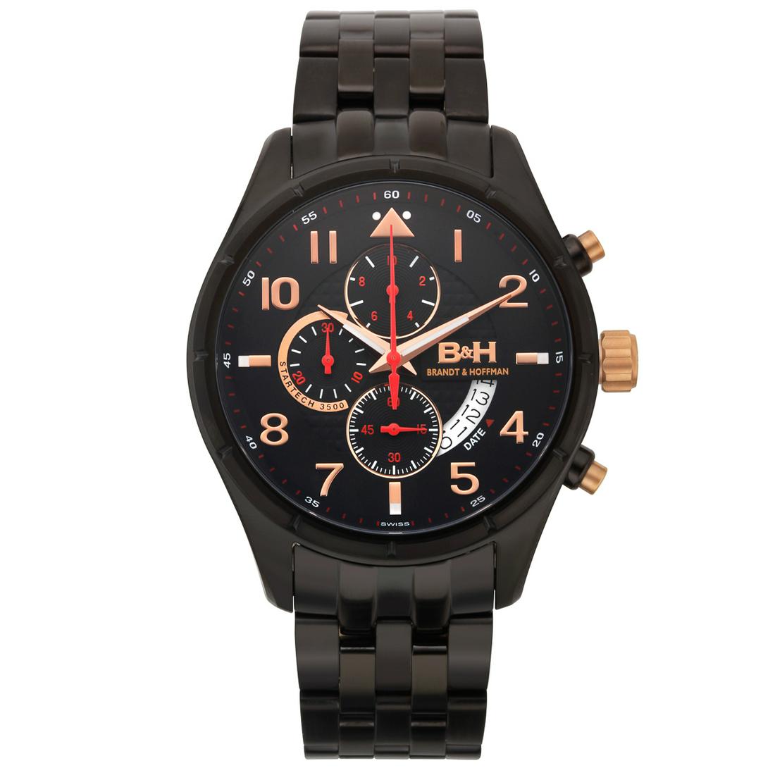 Brandt & Hoffman Swiss Chronograph Mens Watch: Movement Type:-Genuine Swiss Ronda 3540.D Movement Display Type:-Analog Water Resistant:-Water Resistant To 10ATM Case Size:-44mm x 58mm x 14mm Case Material:-Surgical Grade 316L Stainless Steel Dial