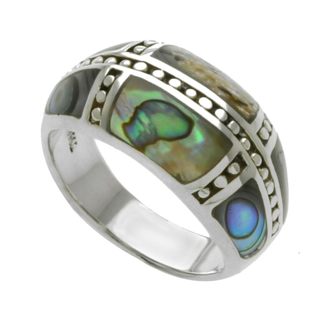Sterling Silver Abalone Inlay Beaded Ring-SZ 8: • Genuine abalone inlay • Beaded texture • Gleaming rhodium over fine sterling silver