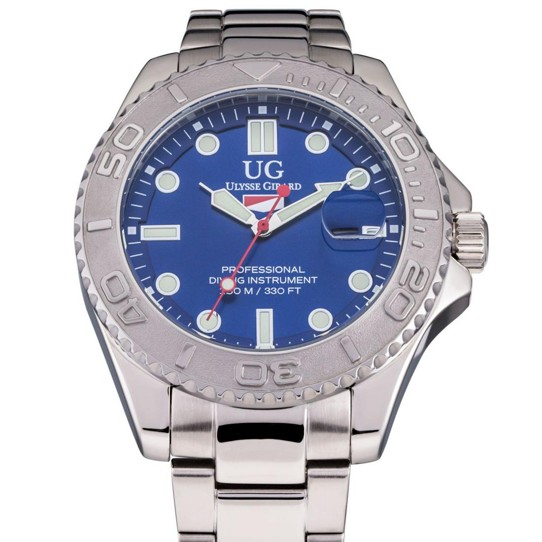 Ulysse Girard Mens - Stainless Steel Sport Diver: Colored Sunray Brushed Dial with large Luminous Rectangular Indicies at the Quarter hours and Round Indicies elsewhere. Miyota 2115 Movement with Easy to Read Luminous Hour and Minute hands with Contr