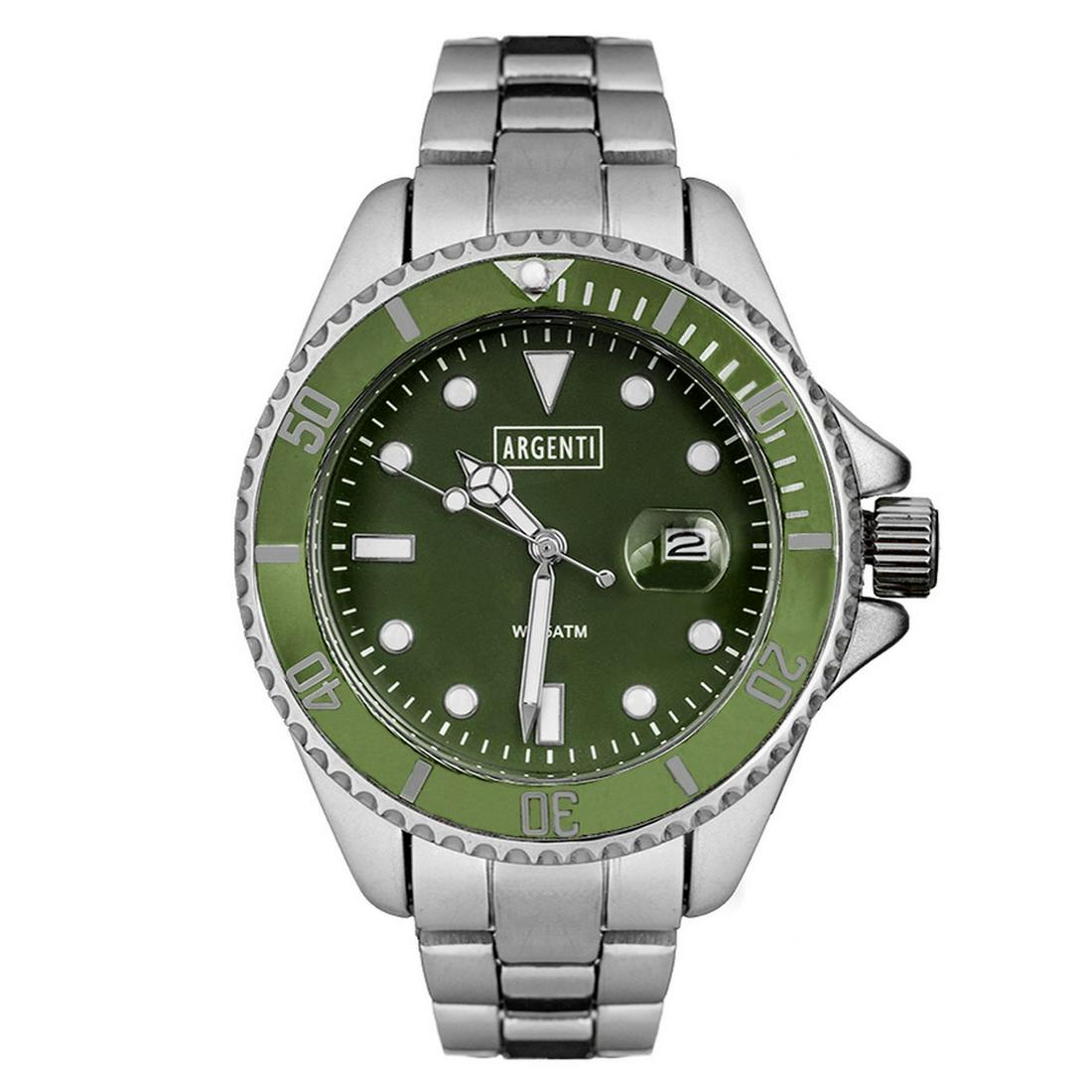Argenti brings you the Adriatic Diver style watch: Main Features: Silver Bracelet, Green Dial, Silver Case, Green Bazel Hands: White Case Shape: Round Material: Ion Plated Metal, Stainless Steel Case Thickness: 13mm Strap Width: 17mm Strap Movement:Ja
