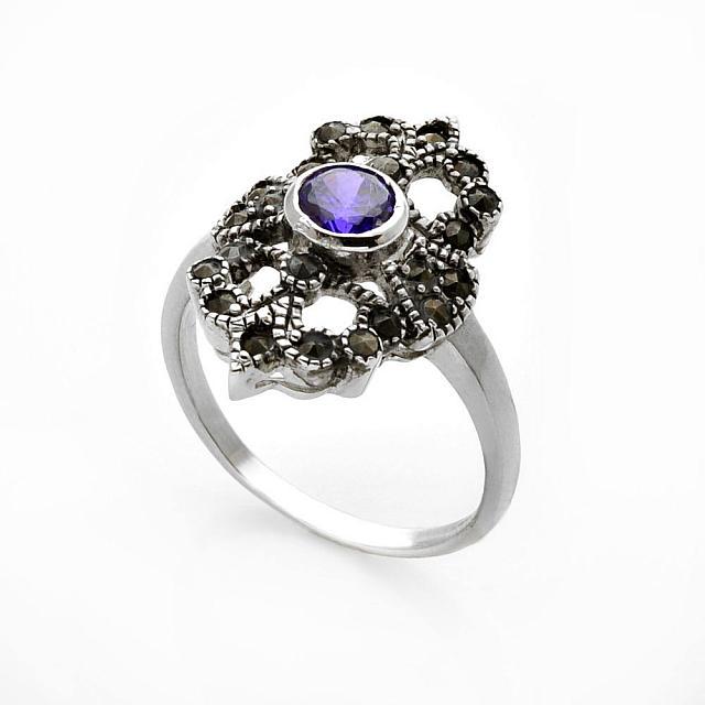 Silver Tone Purple CZ & Marcasite Ring-SZ 9: • Genuine Marcasite & Sparkling purple CZ • Setting: Bezel/ Adhesive • Measurement: 23mm L x22mm W x 5mm H • Silver tone over brass • Disclaimer: Gemstones may feature in