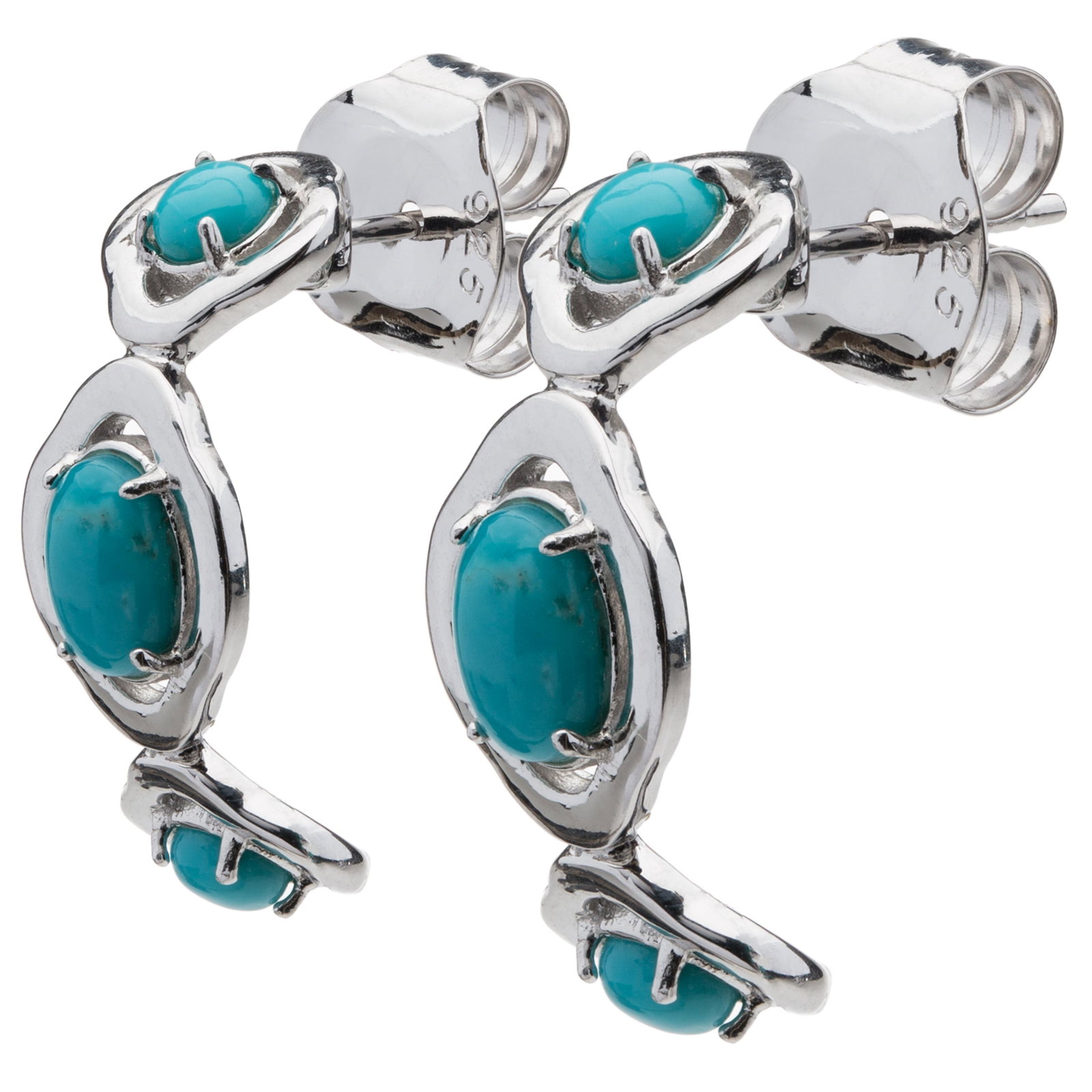 Silver Campo Frio Turquoise J-Hoop Earrings: Oval mined in America Campo Frio turquoise cabochons create a three-stone scalloped edge column that starts at your lobe and curves back under your ear. Naturally occurring Pyrite matrix makes the Cam