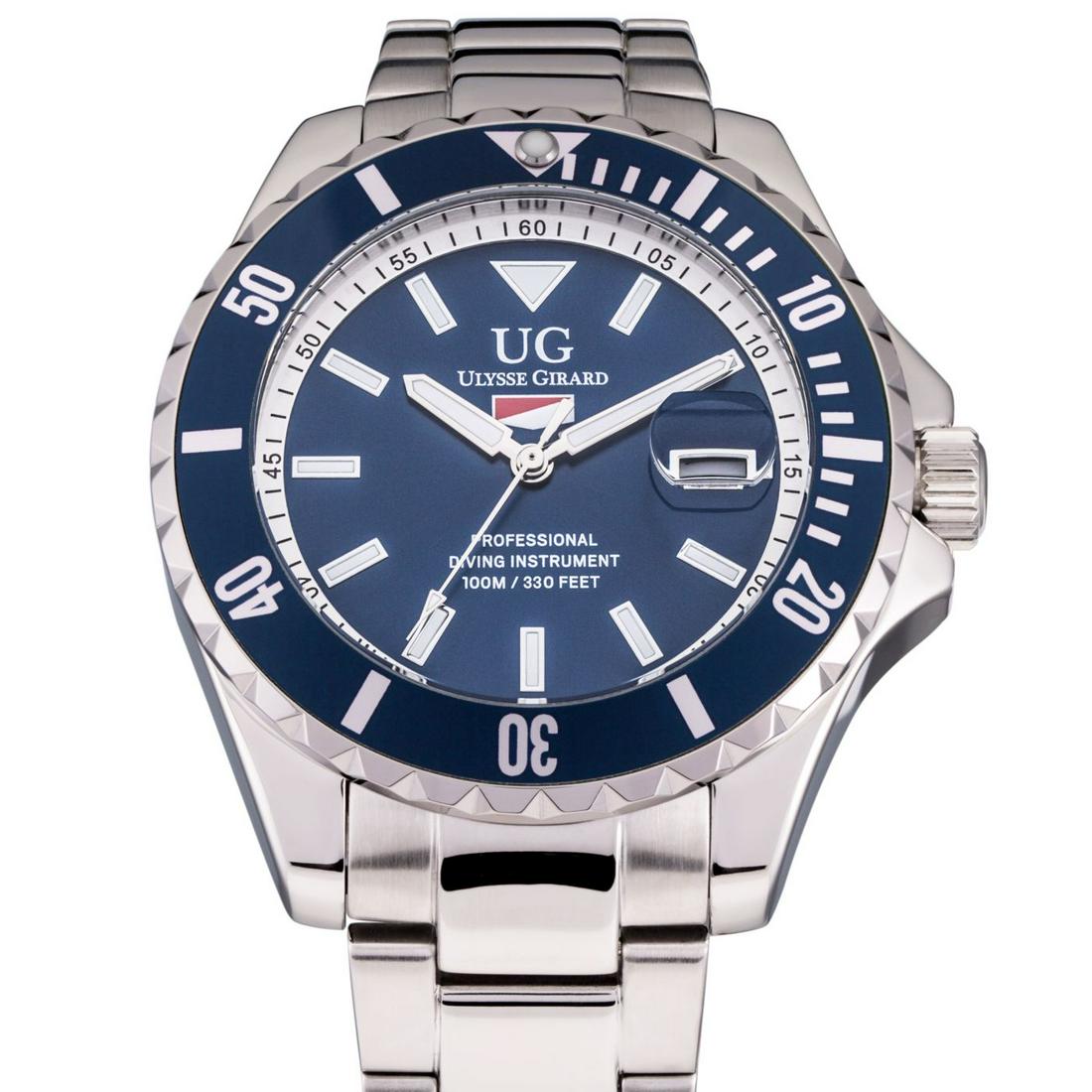 Ulysse Girard Mens - Stainless Steel Sport Diver: Flat Colored Dial with large Luminous Rectangular Indicies at the Hour Markers, Miyota 2315 Movement with Easy to Read Luminous Hour and Minute hands with Colored Second Hand, Stainless Steel Case wit