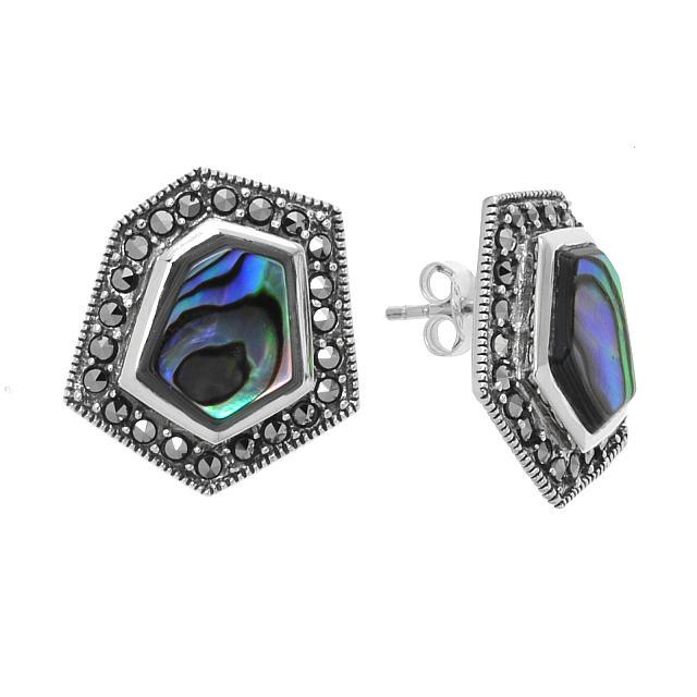 Silver Abalone & Marcasite Hexagonal Stud Earrings: A striking new design from Addison Lane’s Felicity Collection: inspired by timeless vintage looks, this lovely design is beautifully crafted in oxidized sterling silver and adorned with fascinat