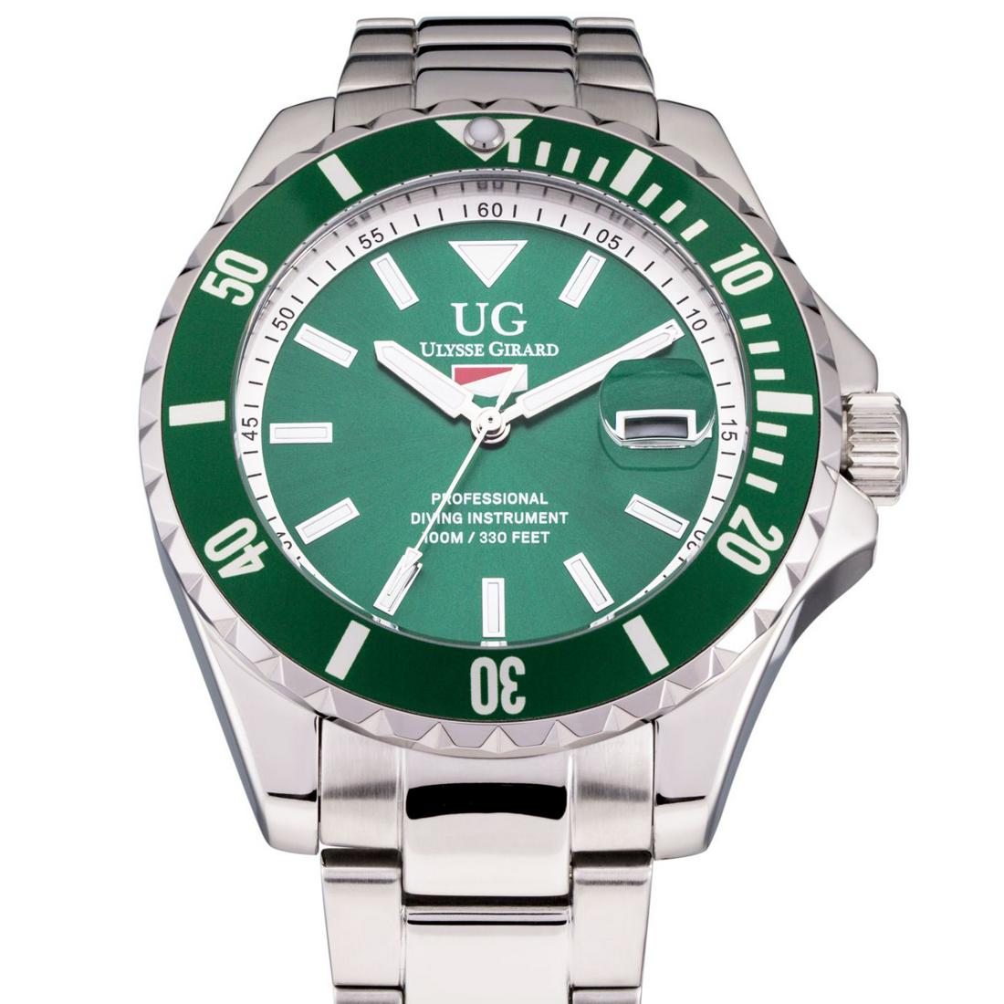 Ulysse Girard Mens Sport Diver Watch: Colored Sunray Brushed Dial with large Luminous Rectangular Indicies at the Hour marks, Miyota 2315 Movement with Easy to Read Luminous Hour and Minute hands with Contrasting Colored Second Hand, Stai