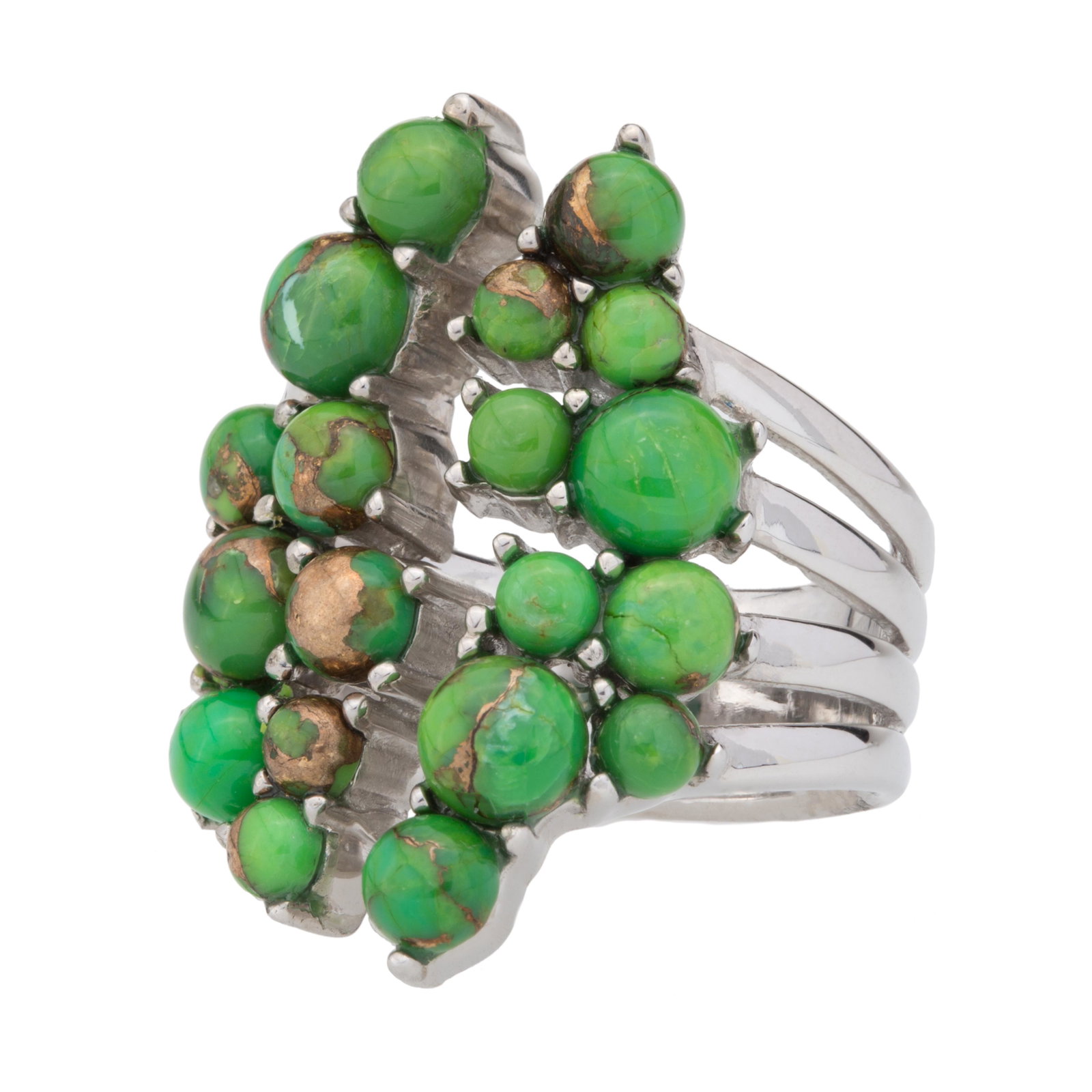 Silver Green Mohave Turquoise Cluster Ring-SZ 6: Brilliant Green Mohave Turquoise cabochons artfully cluster together in a playful bubble like pattern evoking a light and flirty feel. Like a mohave desert canyon The golden matrix of the green mohave