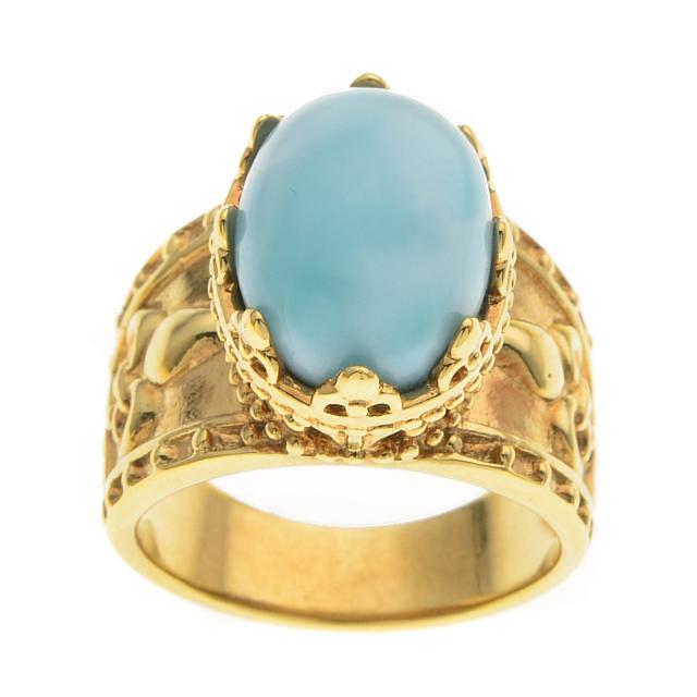 14K Gold Vermeil Oval Larimar Etruscan Ring-SZ 5: Metal: 14K yellow vermeil over sterling silverStone Information: One oval 14 x 10mm larimar cabochonSetting Type: AdhesiveMeasurements: 5/8"L x 13/16"W x 7/16"HCountry of Origin: Thailand