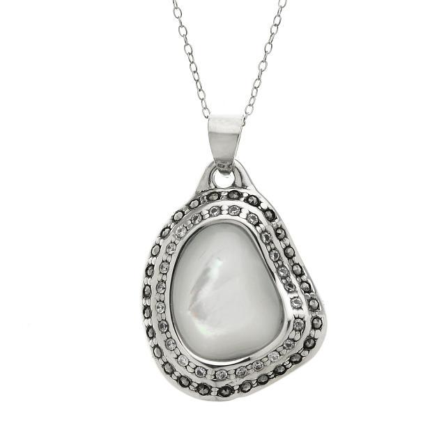 Sterling silver MOP & Marcasite Freeform Pendant: Redolent of South Seas breezes, island living and exotic locales comes the Bora Bora Collection from Addison Park. This beautiful freeform pendant necklace is crafted in oxidized sterling silver and a