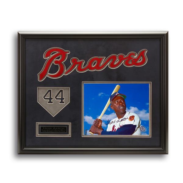 Hank Aaron Atlanta Braves Framed 20x16 sigend GFA: Hank Aaron's most notable achievement was breaking the career home run record set by Babe Ruth. During his career, Aaron performed at a consistently high level for an extended period of time. He hit 2