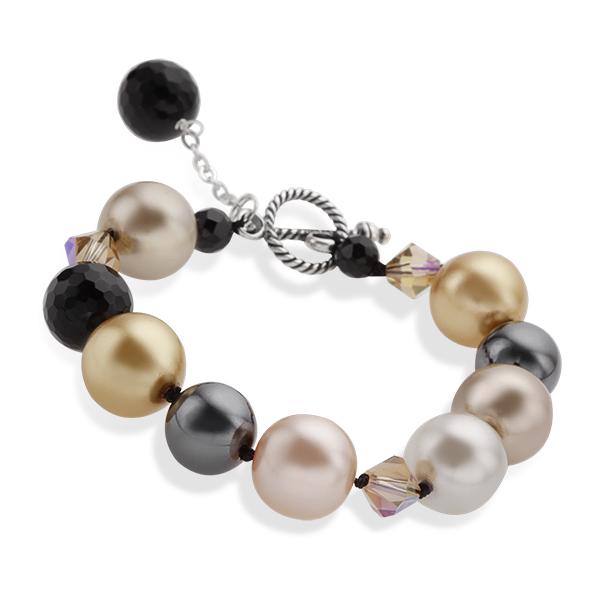 Sterling Silver Multi Stones Bracelet: • Metal: Sterling Silver• Metal Color: Silver and Oxidized• Stone: Hematite,Black Agate ,Crystal and Imitate Pearl• Stone Color: Grey,Black,Peach,Gold and Grey• Length: 7
