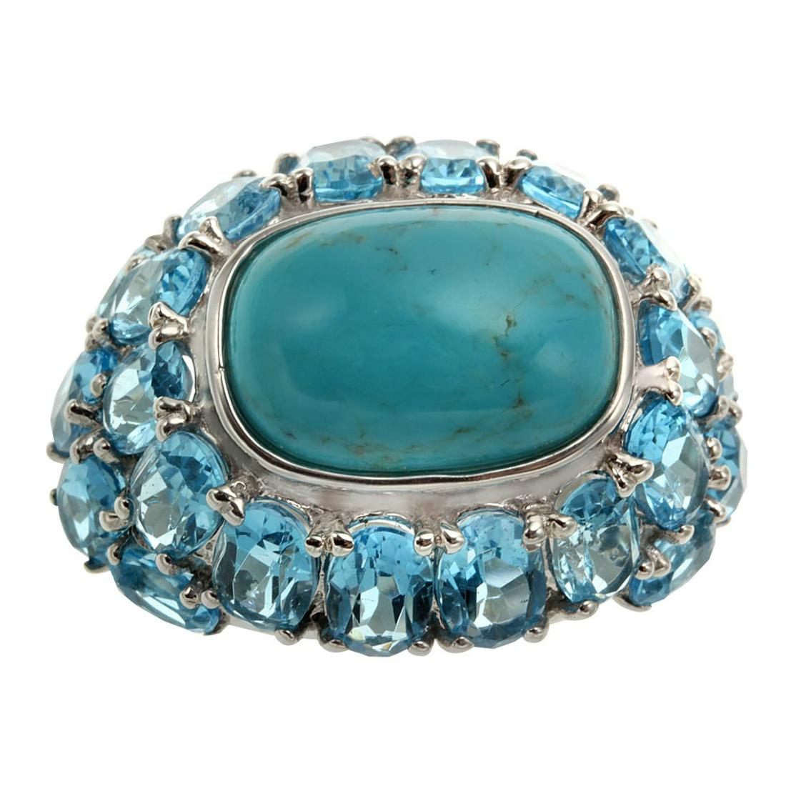 Silver 8.56ct Blue Topaz & Turquoise Dome Ring-SZ6 (1 of 3)