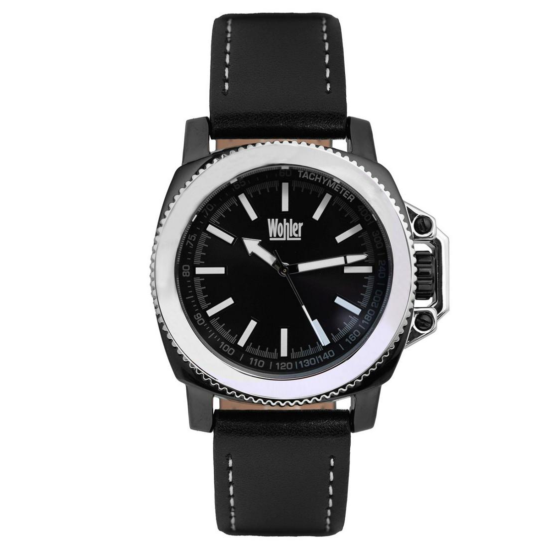 Wohler Manhattan 42mm Case Men's Watch: Main Features: Leather Strap with White Stitching & Black dial, White BezelHands: Luminous WhiteCase Thickness: 13mmStrap Width: 22mm StrapMovement:Japanese Quartz MovementStrap Length: Men's StandarC