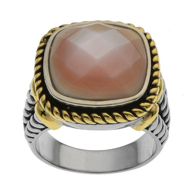 Silver Pink MOP Clear Quartz Doublet Ring-SZ 6: • Genuine pink mother of pearl & clear quartz doublet• A cushion checkerboard cut 14mm• Rope texture around the bezel with split shank • Gleaming rhodium with 14k gold accents 