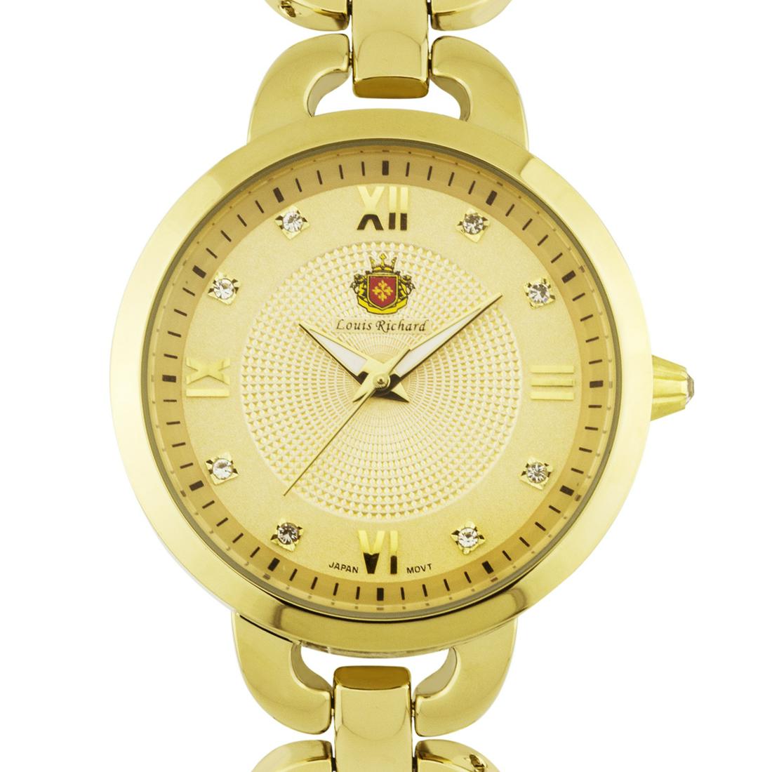 Louis Richard Felina 38mm Casual Ladies Watch: With its multi.textured dial design and Czech crystal hour markers, this watch will always be your first choice. The polished link bracelet gives an elegant finish to this wonderful watch! Hands: Lumi