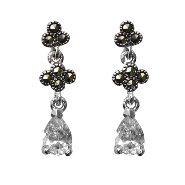 Silver Tone Marcasite Drop Earrings: Metal: Rhodium over brassStone Information: marcasite Backing: ButterflyMeasurement: 22mm L x 5mm W