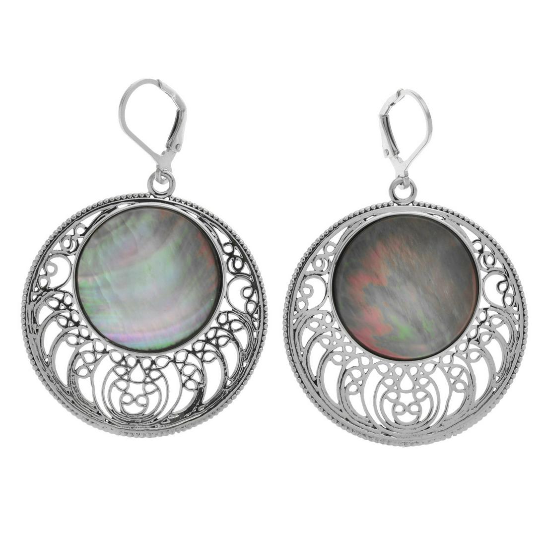 Sterling Silver Black MOP Openwork Drop Earrings (1 of 2)