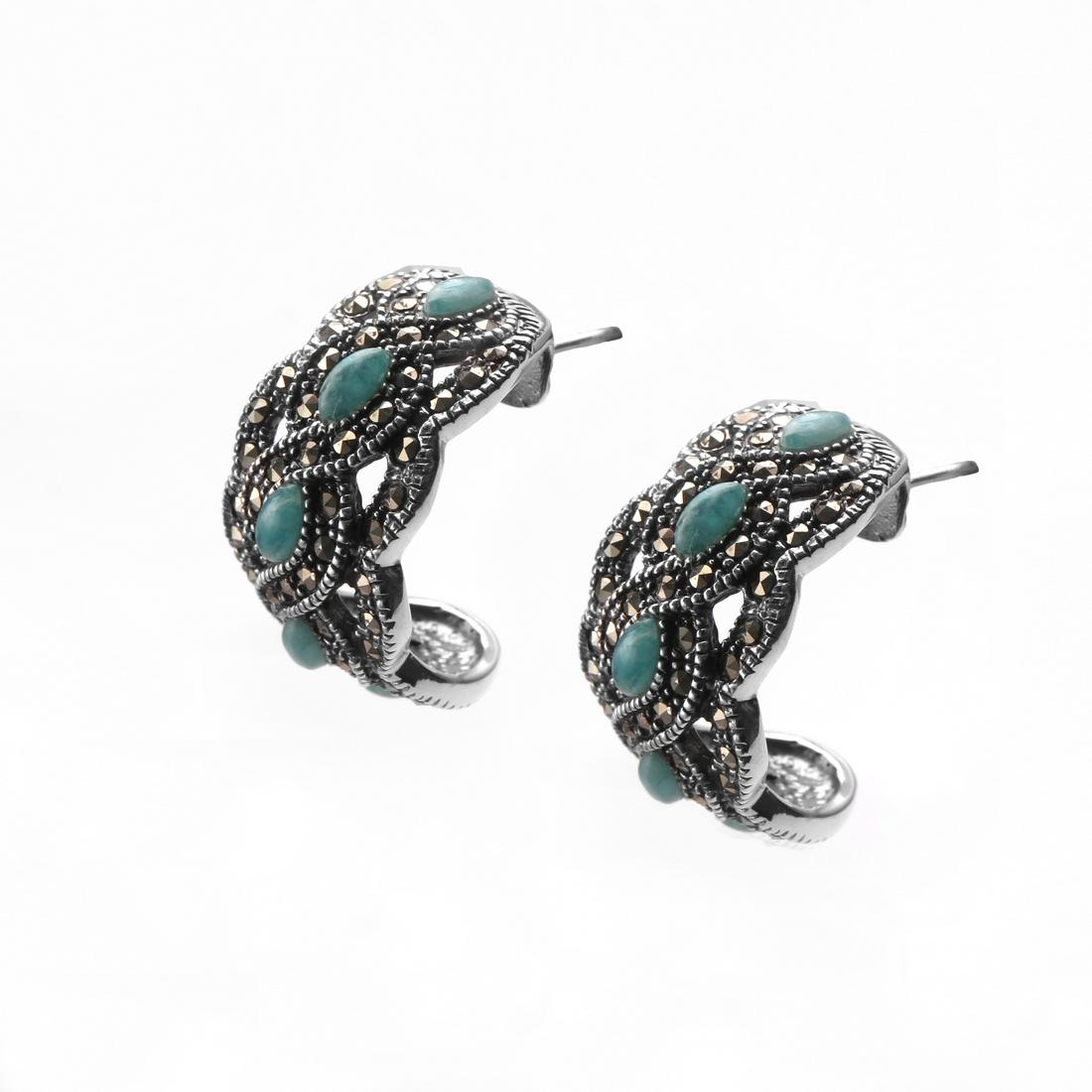 Silver Amazonite & Marcasite J Hoop Earring: Metal: Rhodium over sterling silverStone Information: Marquise cut 3.8x2.1mm Amazonite and round cut 1mm marcasiteSetting Type: Prong/ Bezel/ AdhesiveMeasurements: 23.2mm L x 13mm W x 4.2mm HBacking: 