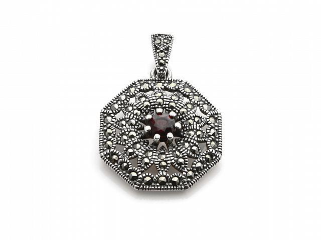 Silver Marcasite & Garnet Octagonal Pendant: An impressive design from the vintage-inspired Addison Lane Felicity Collection! Updated classic lines distinguish this impressive octagonal pendant necklace. Beautifully crafted in oxidized sterling 