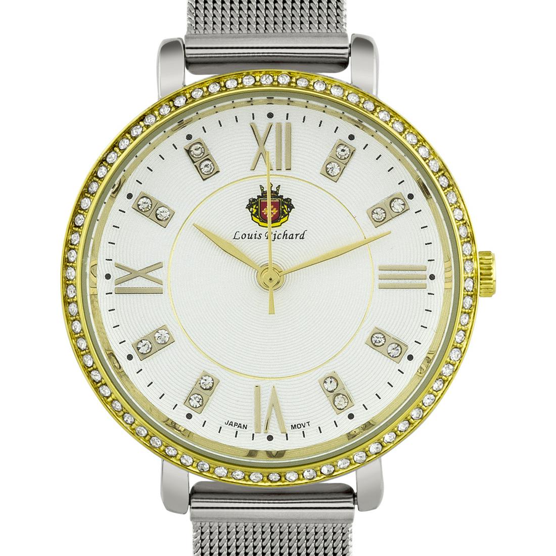 Louis Ricahrd 36mm Case Mesh Band Ladies Watch: A multi.layered textured dial, all stainless steel case and a beautifully designed bezel w/ crystals made from Swarovski elements make the Louis Richard a very modern design ideal for pairing with the
