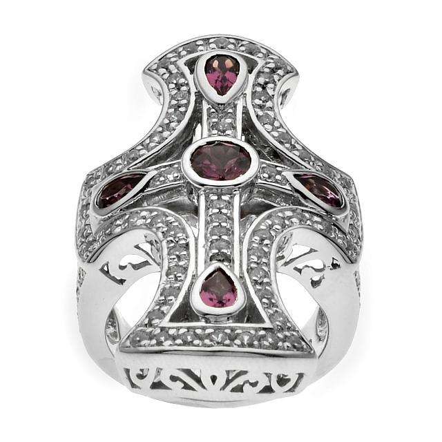 Silver Garnet & White Zircon Cross Ring-SZ 6: Metal: Rhodium over sterling silverStone Information:Gemstone Choice: One round modified-brilliant cut 5mm and four pear cut 5 x 3mm rhodolite garnetsWhite Zircon: Various round modified-brilliant cut